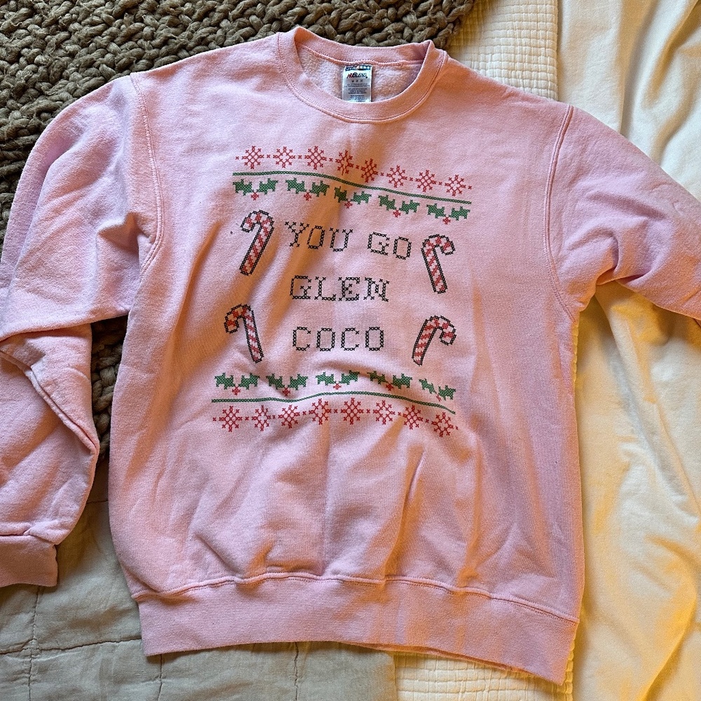 Mean Girls "You Go Glen Coco" Christmas Sweatshirt, Medium, Pink/Red/Green